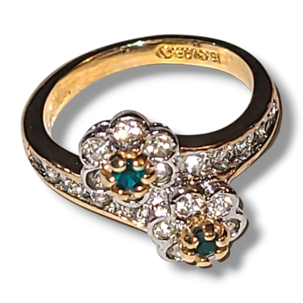 Vintage 18K HGE CZ Green Color Flower Bypass Ring Gold Tone Statement Sz 5